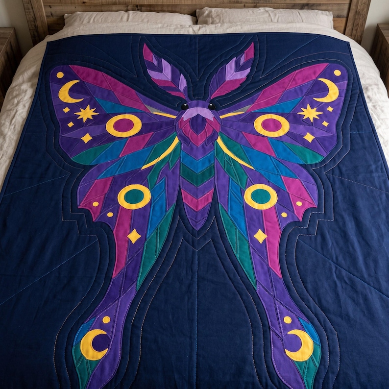 Amethyst Moth Quilt Pattern, Raw Edge Fusible Applique PDF, Celestial Moth Pattern, Patchwork Wall Hanging, Folk Art Quilt Template image 9