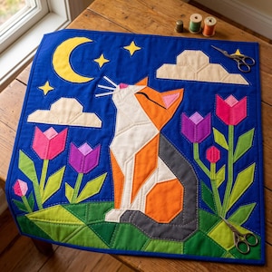 Cat Quilt Pattern, Cat Wall Hanging Quilt Pattern PDF, Easy Applique Quilt for Beginners, Folk Art Cat Lover Gift, Raw Edge Fusible Applique image 4