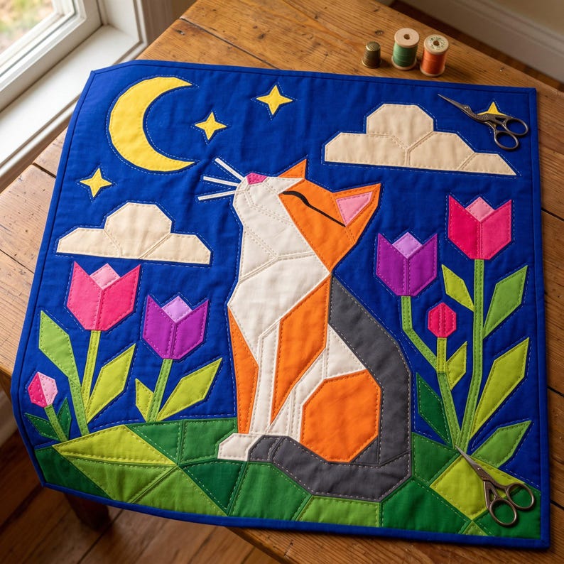 Cat Quilt Pattern, Cat Wall Hanging Quilt Pattern PDF, Easy Applique Quilt for Beginners, Folk Art Cat Lover Gift, Raw Edge Fusible Applique image 4