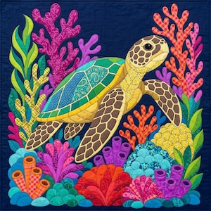 Quiltmuster Meeresschildkröten, PDF-Vorlage für Applikationen mit offenen Kanten, Quiltmuster Meerestiere, Wandbehang Korallenriff, Patchwork-Vorlage im Stil der Volkskunst Bild 4