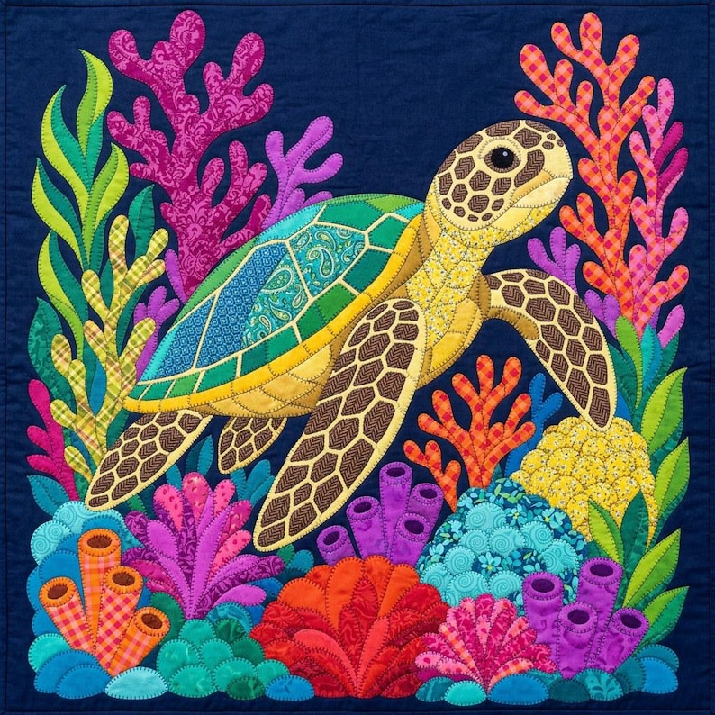 Quiltmuster Meeresschildkröten, PDF-Vorlage für Applikationen mit offenen Kanten, Quiltmuster Meerestiere, Wandbehang Korallenriff, Patchwork-Vorlage im Stil der Volkskunst Bild 4