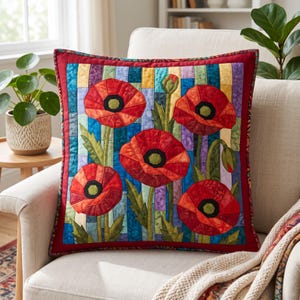 Klaprozenquiltpatroon, applicatie met rafelige rand en strijkapplicatie, bloemenquiltpatroon (PDF), patchwork wandkleed, sjabloon voor een quilt in volkskunststijl afbeelding 6
