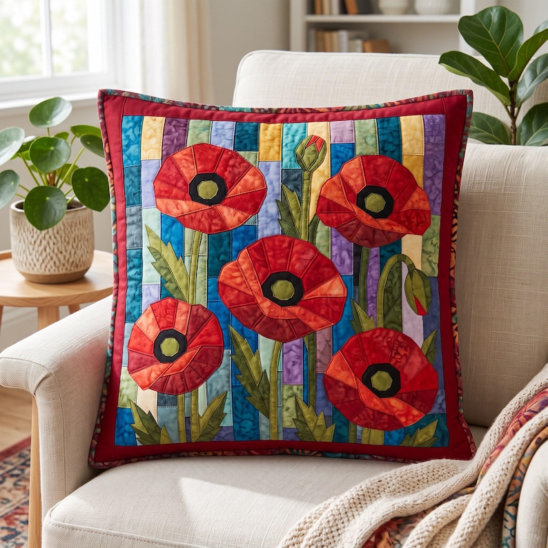 Klaprozenquiltpatroon, applicatie met rafelige rand en strijkapplicatie, bloemenquiltpatroon (PDF), patchwork wandkleed, sjabloon voor een quilt in volkskunststijl afbeelding 6