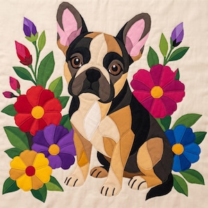Pode incluir: Um bloco de tecido para colcha com um bulldog francês feito de peças em tons de preto, bege e branco, rodeado por flores aplicadas coloridas em vermelho, roxo, amarelo e azul com folhas verdes sobre um fundo de tecido cor de creme.