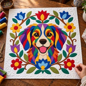 Patrón de edredón Perro Arcoíris, Edredón con apliques y collage, Patrón de edredón de animales en PDF, Tapiz de pared de patchwork, Plantilla de perro de arte popular imagen 6