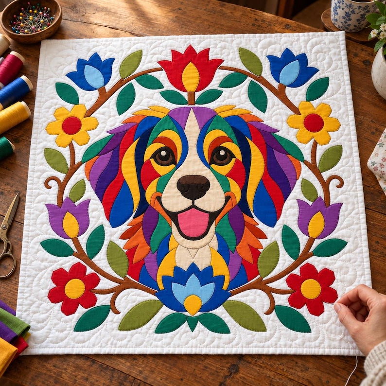 Patrón de edredón Perro Arcoíris, Edredón con apliques y collage, Patrón de edredón de animales en PDF, Tapiz de pared de patchwork, Plantilla de perro de arte popular imagen 6