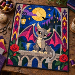 Modello per trapunta Baby Gargoyle, trapunta con applicazioni e collage, modello PDF per trapunta con animali fantastici, arazzo patchwork, modello per trapunta in stile folk art immagine 4