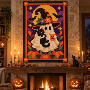Halloween Ghost Quilt Pattern, Applique & Collage Quilt, Black Cat Quilt Pattern PDF, Patchwork Wall Hanging, Witch Hat Pumpkin Template image 7