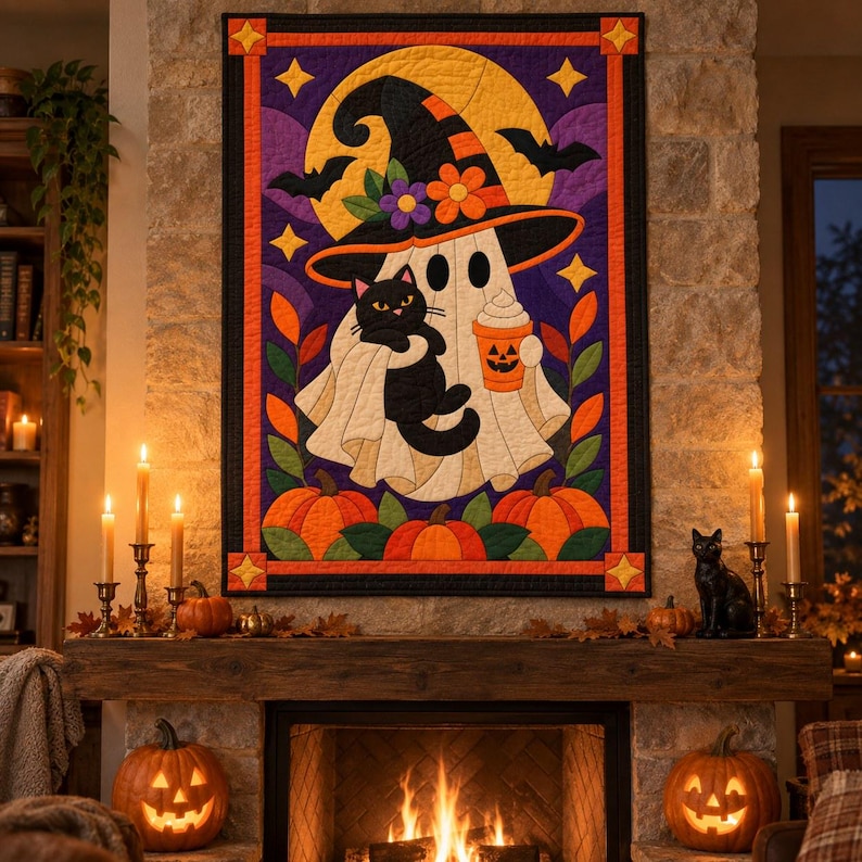 Halloween Ghost Quilt Pattern, Applique & Collage Quilt, Black Cat Quilt Pattern PDF, Patchwork Wall Hanging, Witch Hat Pumpkin Template image 7