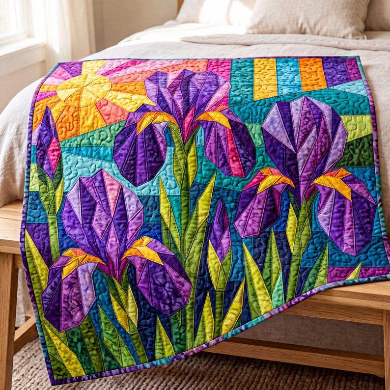 Iris Quilt Pattern, Raw Edge Fusible Applique, Flower Quilt Pattern PDF, Folk Art Wall Hanging, Patchwork Garden Quilt Template image 6
