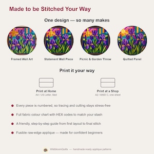 Iris Quilt Pattern, Raw Edge Fusible Applique, Flower Quilt Pattern PDF, Folk Art Wall Hanging, Patchwork Garden Quilt Template image 7