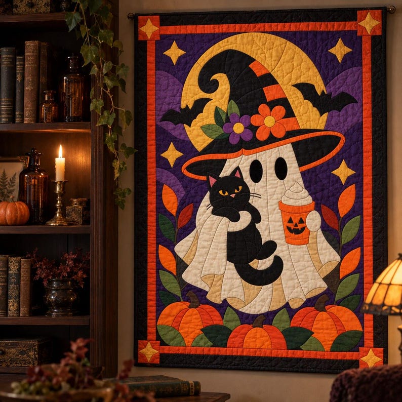 Halloween Ghost Quilt Pattern, Applique & Collage Quilt, Black Cat Quilt Pattern PDF, Patchwork Wall Hanging, Witch Hat Pumpkin Template image 9