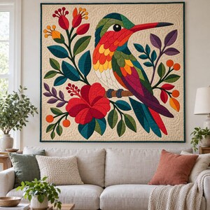 Patrón de colcha de colibrí, colcha de apliques y collage, patrón de colcha floral tropical en PDF, tapiz bohemio, plantilla de colcha de pájaros de arte popular imagen 12