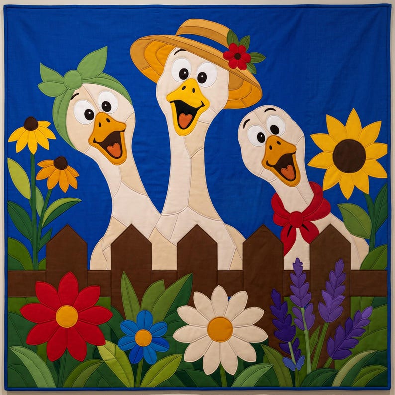 Funny Geese Quilt Pattern, Raw Edge Fusible Applique, Animal Quilt Pattern PDF, Patchwork Wall Hanging, Folk Art Quilt Template image 1