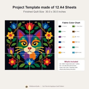 Cat Quilt Pattern, Floral Cat Wall Hanging Quilt Pattern PDF, Easy Applique Quilt for Beginners, Cat Lover Gift, Raw Edge Fusible Applique image 15