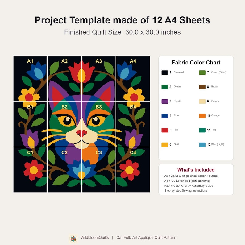 Cat Quilt Pattern, Floral Cat Wall Hanging Quilt Pattern PDF, Easy Applique Quilt for Beginners, Cat Lover Gift, Raw Edge Fusible Applique image 15