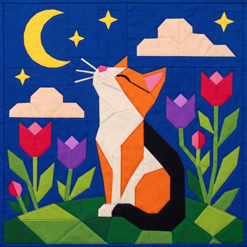 Cat Quilt Pattern, Cat Wall Hanging Quilt Pattern PDF, Easy Applique Quilt for Beginners, Folk Art Cat Lover Gift, Raw Edge Fusible Applique image 1