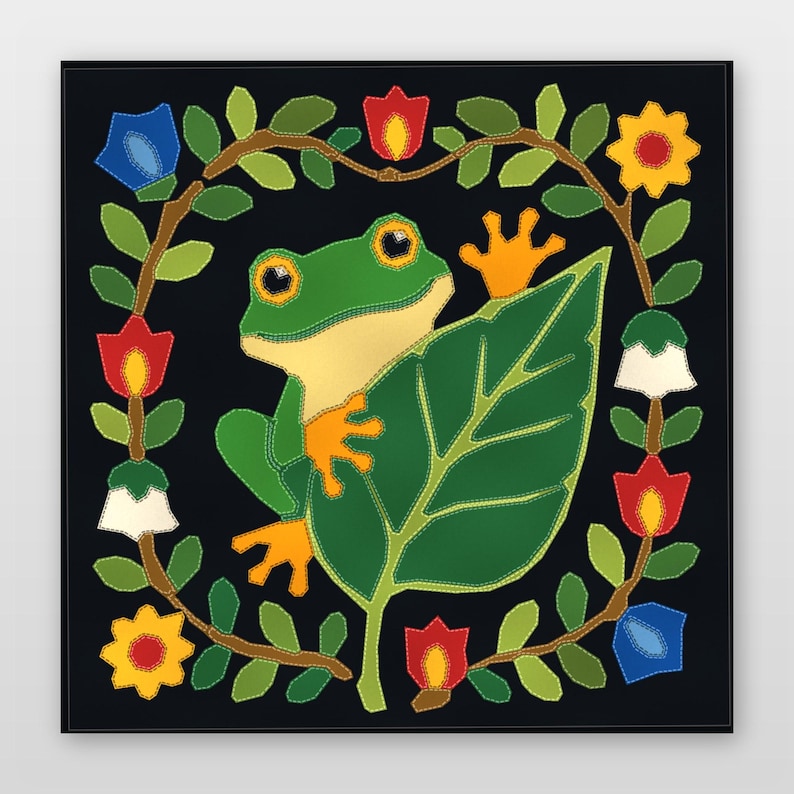 Frog Quilt Pattern, Frog Wall Hanging Quilt Pattern PDF, Easy Applique Quilt for Beginners, Raw Edge Fusible Applique image 1