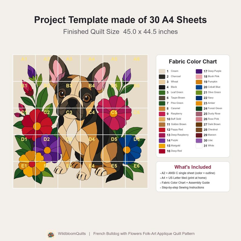 French Bulldog Quilt Pattern, Dog Wall Hanging Quilt Pattern PDF, Applique Quilt Pattern, 2 Colourways & 3 Sizes, Raw Edge Fusible Applique image 17