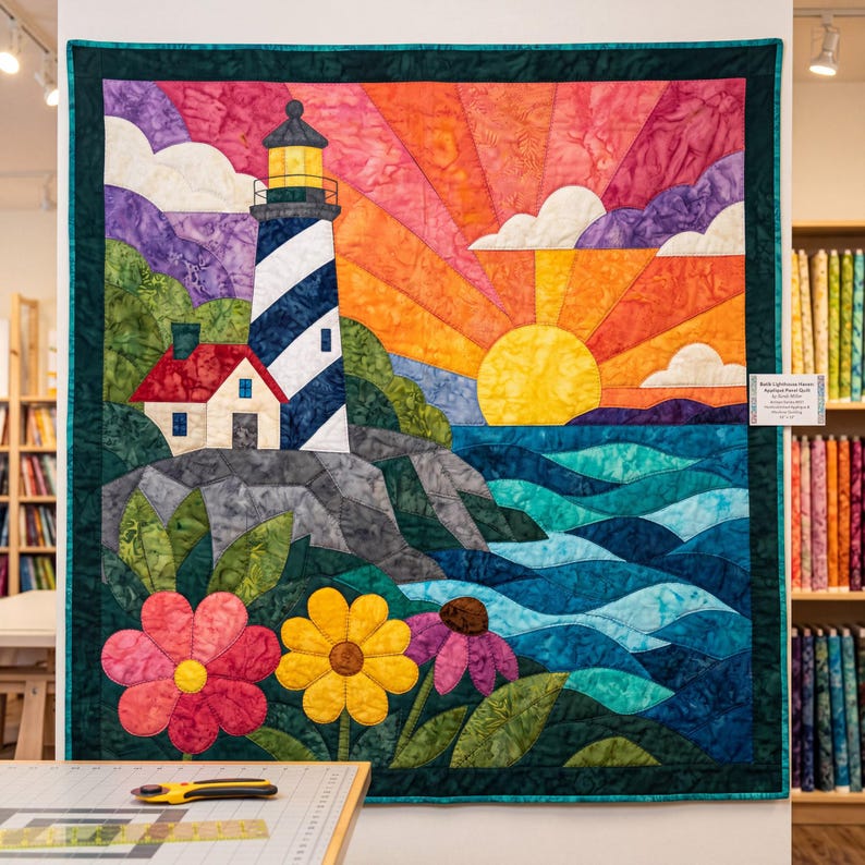Lighthouse Sunrise Quilt Pattern, Raw Edge Fusible Applique PDF, Coastal Quilt Pattern, Patchwork Wall Hanging, Folk Art Quilt Template image 2