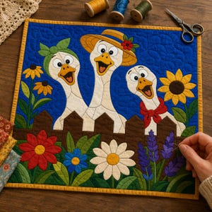Funny Geese Quilt Pattern, Raw Edge Fusible Applique, Animal Quilt Pattern PDF, Patchwork Wall Hanging, Folk Art Quilt Template image 7