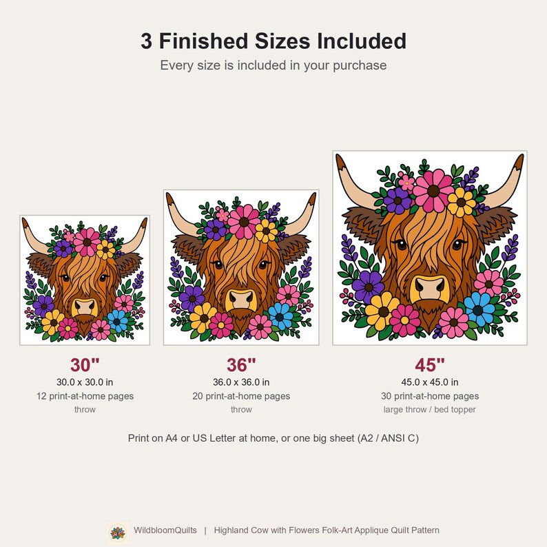ハイランド牛のキルトパターン、花柄の牛の壁掛けキルト（PDF）、フォークアート風アップリケキルト、切りっぱなしの接着芯付きアップリケ 画像 3