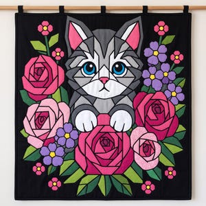 Cat with Roses Quilt Pattern, Cat Wall Hanging Quilt Pattern PDF, Floral Applique Quilt Pattern, Raw Edge Fusible Applique image 6