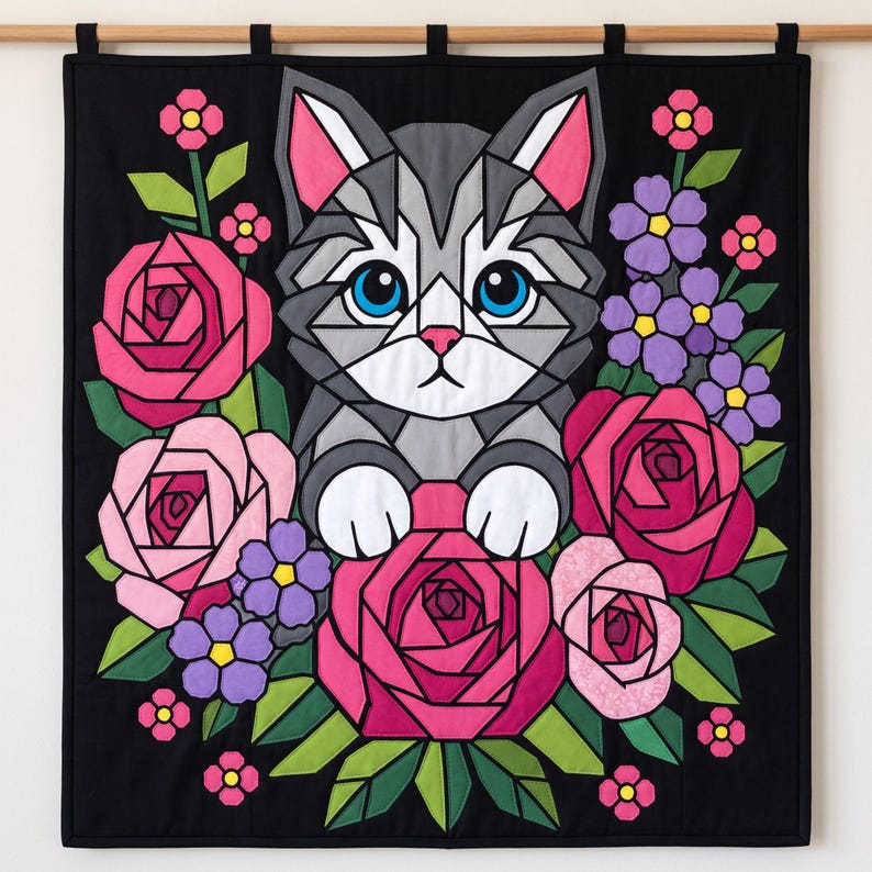 Cat with Roses Quilt Pattern, Cat Wall Hanging Quilt Pattern PDF, Floral Applique Quilt Pattern, Raw Edge Fusible Applique image 6