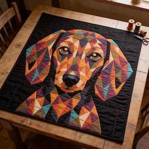 May include: A square fabric wall hanging featuring a geometric, multi-coloured dog portrait. The dog is composed of triangular patches in shades of orange, purple, teal, and brown, set against a solid black background with visible grid stitching.
