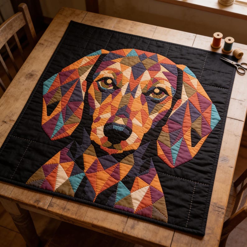 May include: A square fabric wall hanging featuring a geometric, multi-coloured dog portrait. The dog is composed of triangular patches in shades of orange, purple, teal, and brown, set against a solid black background with visible grid stitching.