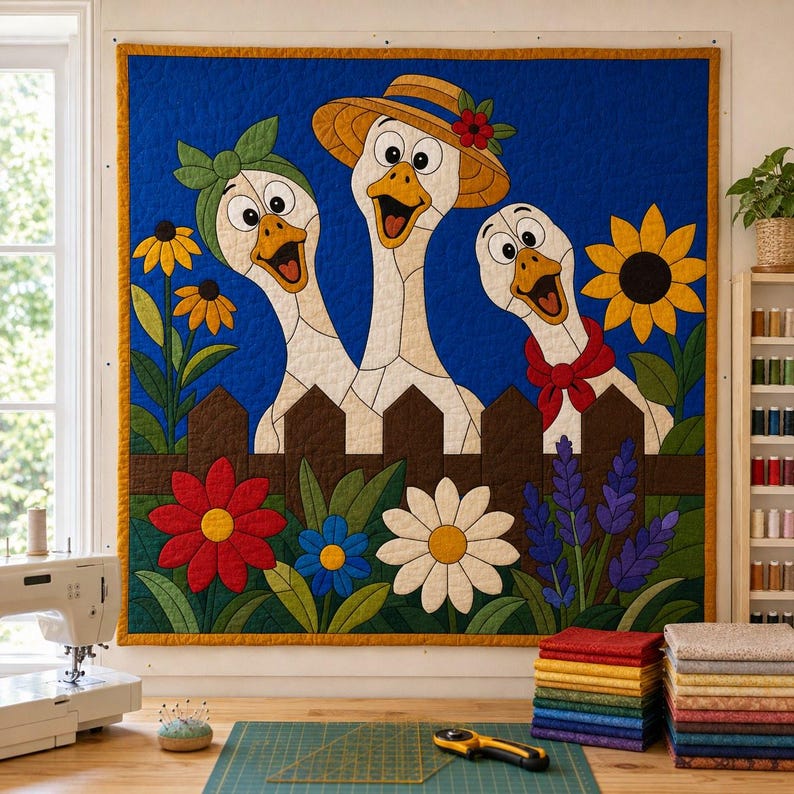 Funny Geese Quilt Pattern, Raw Edge Fusible Applique, Animal Quilt Pattern PDF, Patchwork Wall Hanging, Folk Art Quilt Template image 11