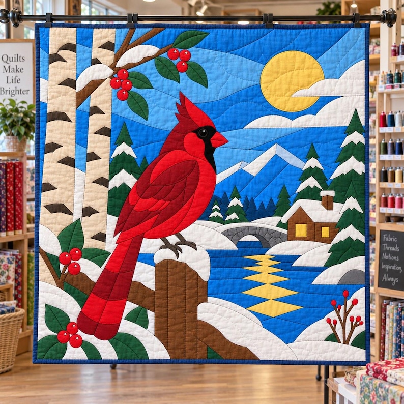 Quiltmuster „Winterkardinal“, Applikations- und Collage-Quilt, Vogel-Quiltmuster (PDF), Patchwork-Wandbehang, Quiltvorlage im Stil der Volkskunst Bild 5