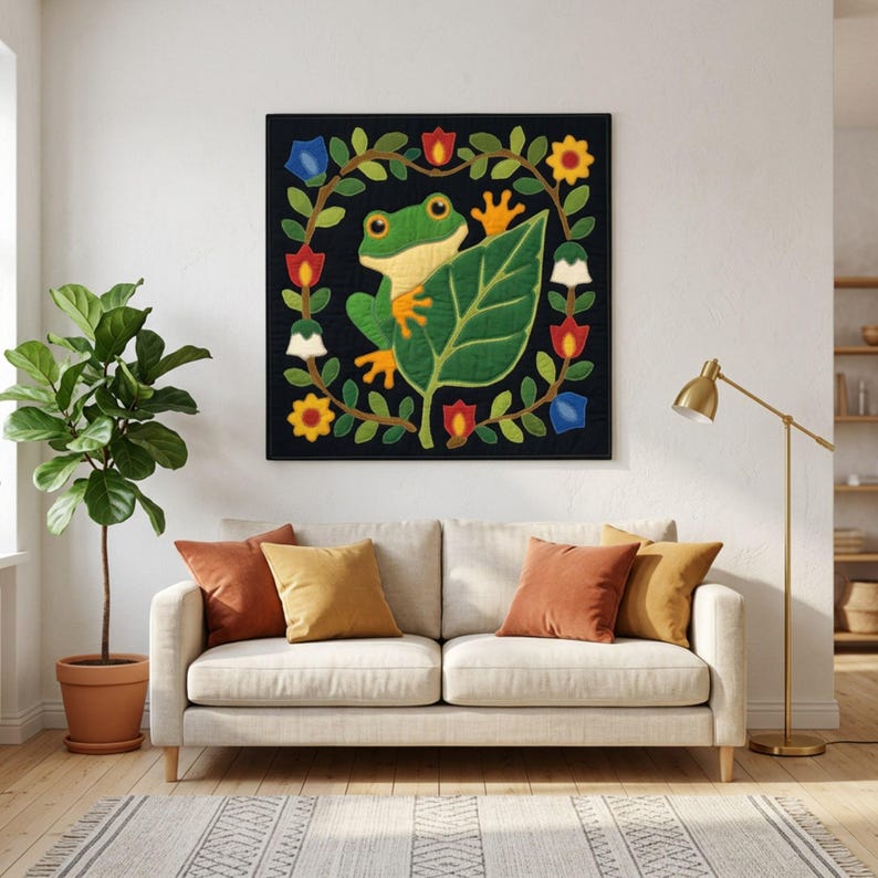 Frog Quilt Pattern, Frog Wall Hanging Quilt Pattern PDF, Easy Applique Quilt for Beginners, Raw Edge Fusible Applique image 2