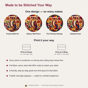 Herfstuil quiltpatroon, rafelige rand applicatie met strijkapplicatie, dieren quiltpatroon PDF, patchwork wandkleed, volkskunst herfst quilt sjabloon afbeelding 10