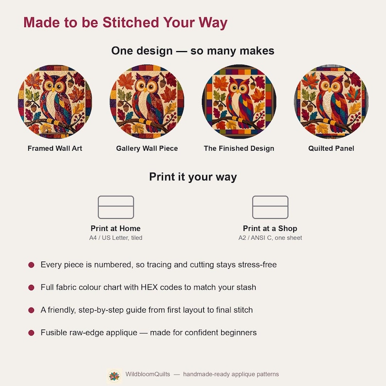 Herfstuil quiltpatroon, rafelige rand applicatie met strijkapplicatie, dieren quiltpatroon PDF, patchwork wandkleed, volkskunst herfst quilt sjabloon afbeelding 10
