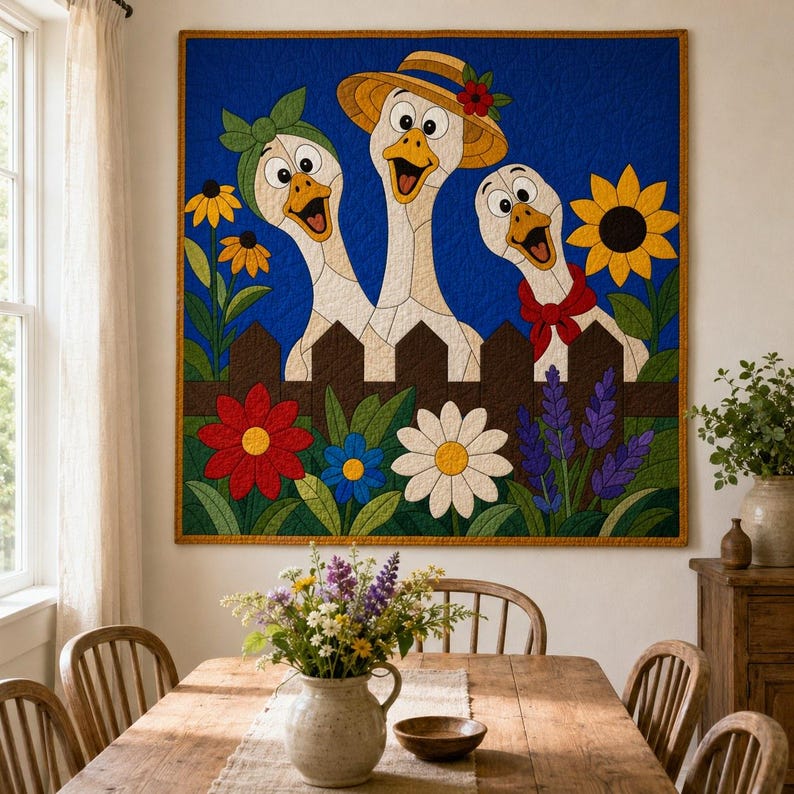 Funny Geese Quilt Pattern, Raw Edge Fusible Applique, Animal Quilt Pattern PDF, Patchwork Wall Hanging, Folk Art Quilt Template image 9