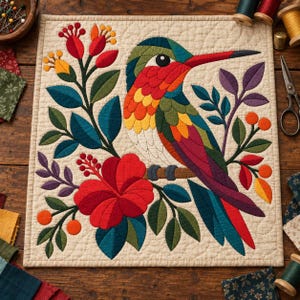 Patrón de colcha de colibrí, colcha de apliques y collage, patrón de colcha floral tropical en PDF, tapiz bohemio, plantilla de colcha de pájaros de arte popular imagen 2