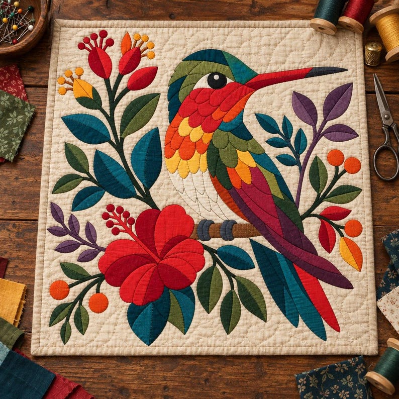 Patrón de colcha de colibrí, colcha de apliques y collage, patrón de colcha floral tropical en PDF, tapiz bohemio, plantilla de colcha de pájaros de arte popular imagen 2