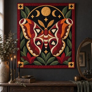 Atlas Moth Quilt Pattern, Applique & Collage Quilt PDF, Moon Phase Quilt Pattern, Folk Art Wall Hanging, Botanical Patchwork Template image 4