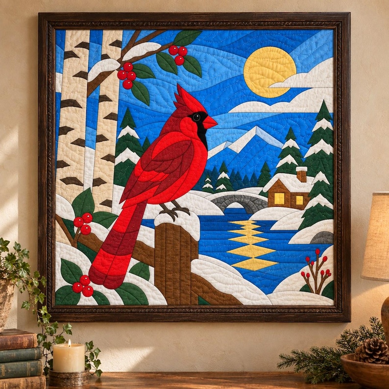 Quiltmuster „Winterkardinal“, Applikations- und Collage-Quilt, Vogel-Quiltmuster (PDF), Patchwork-Wandbehang, Quiltvorlage im Stil der Volkskunst Bild 1