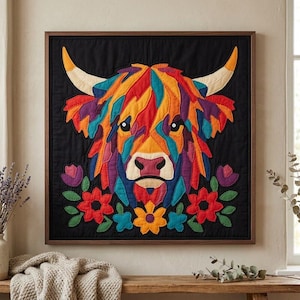 Op de afbeelding: Een vierkant wandkunstwerk met een gewatteerde stoffen applicatie van een Schotse Hooglander-kop in levendige, veelkleurige vlakken van rood, oranje, geel, blauw en paars op een zwarte achtergrond, omlijst door een dunne donkerhouten rand.