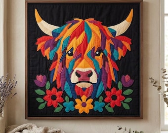 Patrón de edredón de vaca de las Tierras Altas, patrón de edredón de pared de vaca en PDF, edredón de apliques fácil para principiantes, aplique termoadhesivo con borde sin rematar