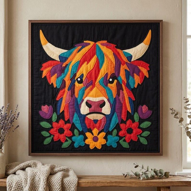 Highland Cow Quilt Pattern, Cow Wall Hanging Quilt Pattern PDF, Easy Applique Quilt for Beginners, Raw Edge Fusible Applique image 1