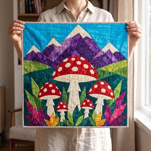 Mushroom Mountain Quilt Pattern, Raw Edge Fusible Applique, Toadstool Quilt Pattern PDF, Patchwork Wall Hanging, Folk Art Quilt Template image 13