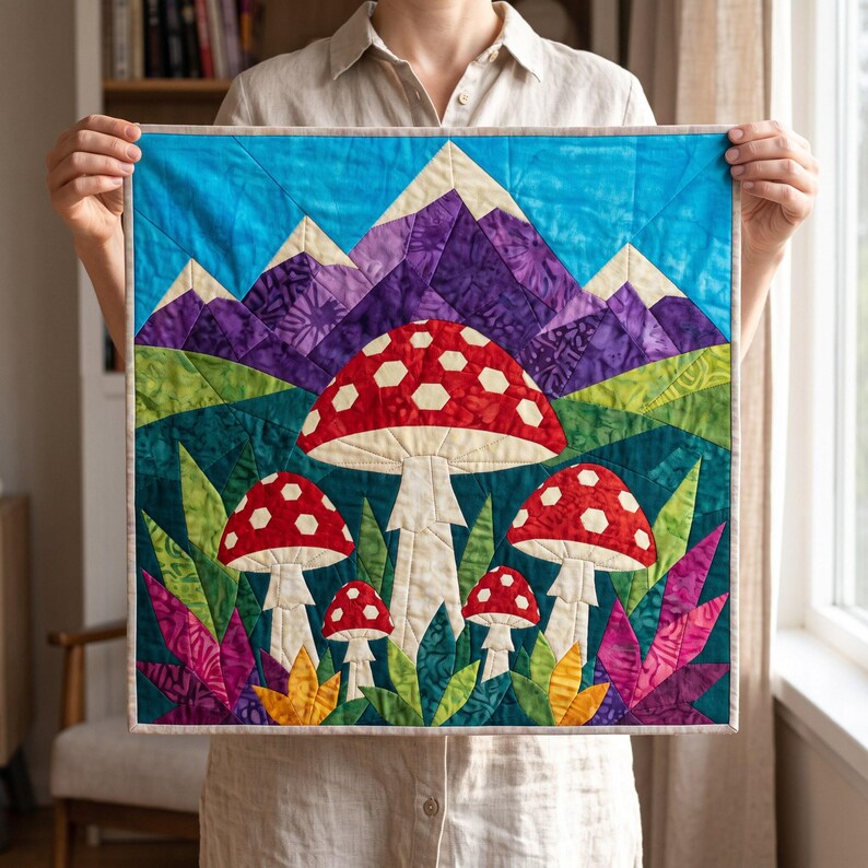 Mushroom Mountain Quilt Pattern, Raw Edge Fusible Applique, Toadstool Quilt Pattern PDF, Patchwork Wall Hanging, Folk Art Quilt Template image 13