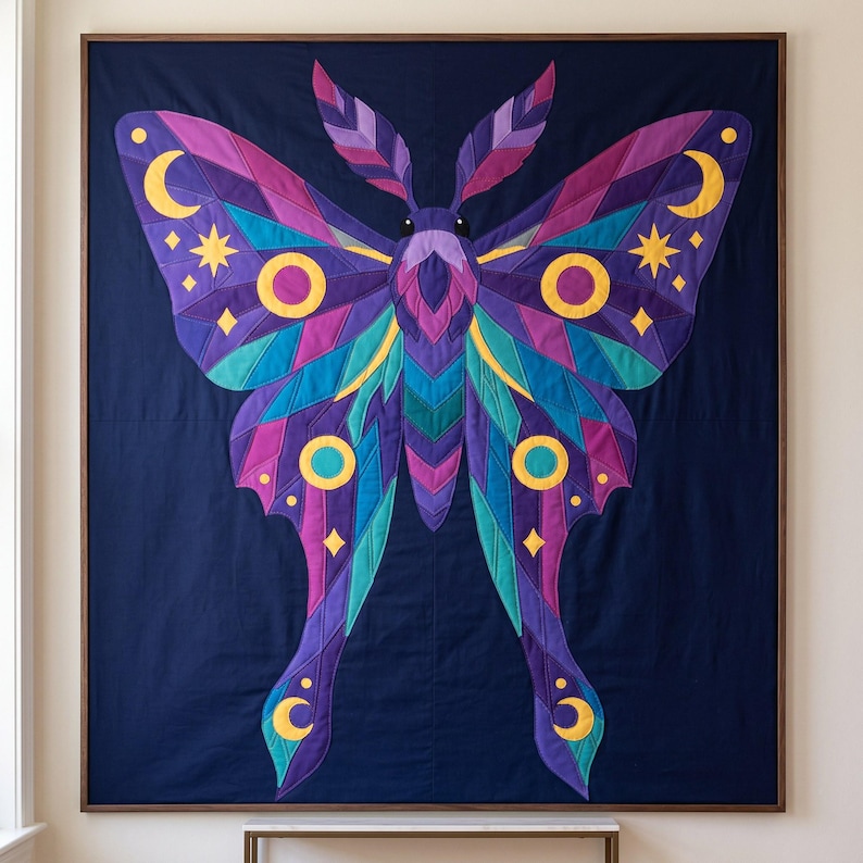 Amethyst Moth Quilt Pattern, Raw Edge Fusible Applique PDF, Celestial Moth Pattern, Patchwork Wall Hanging, Folk Art Quilt Template image 8