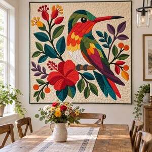 Patrón de colcha de colibrí, colcha de apliques y collage, patrón de colcha floral tropical en PDF, tapiz bohemio, plantilla de colcha de pájaros de arte popular imagen 7