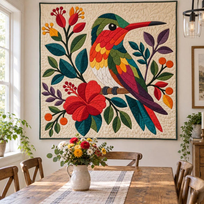 Patrón de colcha de colibrí, colcha de apliques y collage, patrón de colcha floral tropical en PDF, tapiz bohemio, plantilla de colcha de pájaros de arte popular imagen 7
