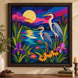 Patrón de colcha de garza, aplique termoadhesivo con borde sin rematar, patrón de colcha de pájaros en PDF, tapiz de pared de paisaje de humedal, plantilla de colcha de arte popular imagen 2
