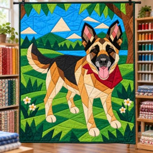 Quiltmuster für einen Deutschen Schäferhund, Applikations- und Collage-Hundequilt, Tierquiltmuster (PDF), Patchwork-Wandbehang, Quiltvorlage im Volkskunststil Bild 5